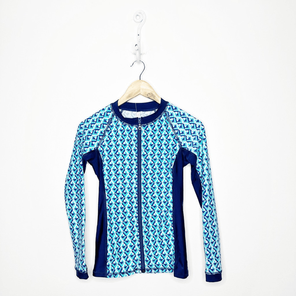 HELEN JON Island surf shirt blue geometric full zip upf 50 NWT womens XS